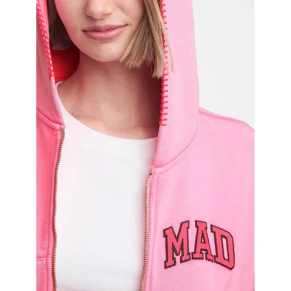 NWT GAP MadHappy Full Zip Crop Hoodie Sweatshirt MEDIUM Pink Embroidered Logo - Picture 2 of 16
